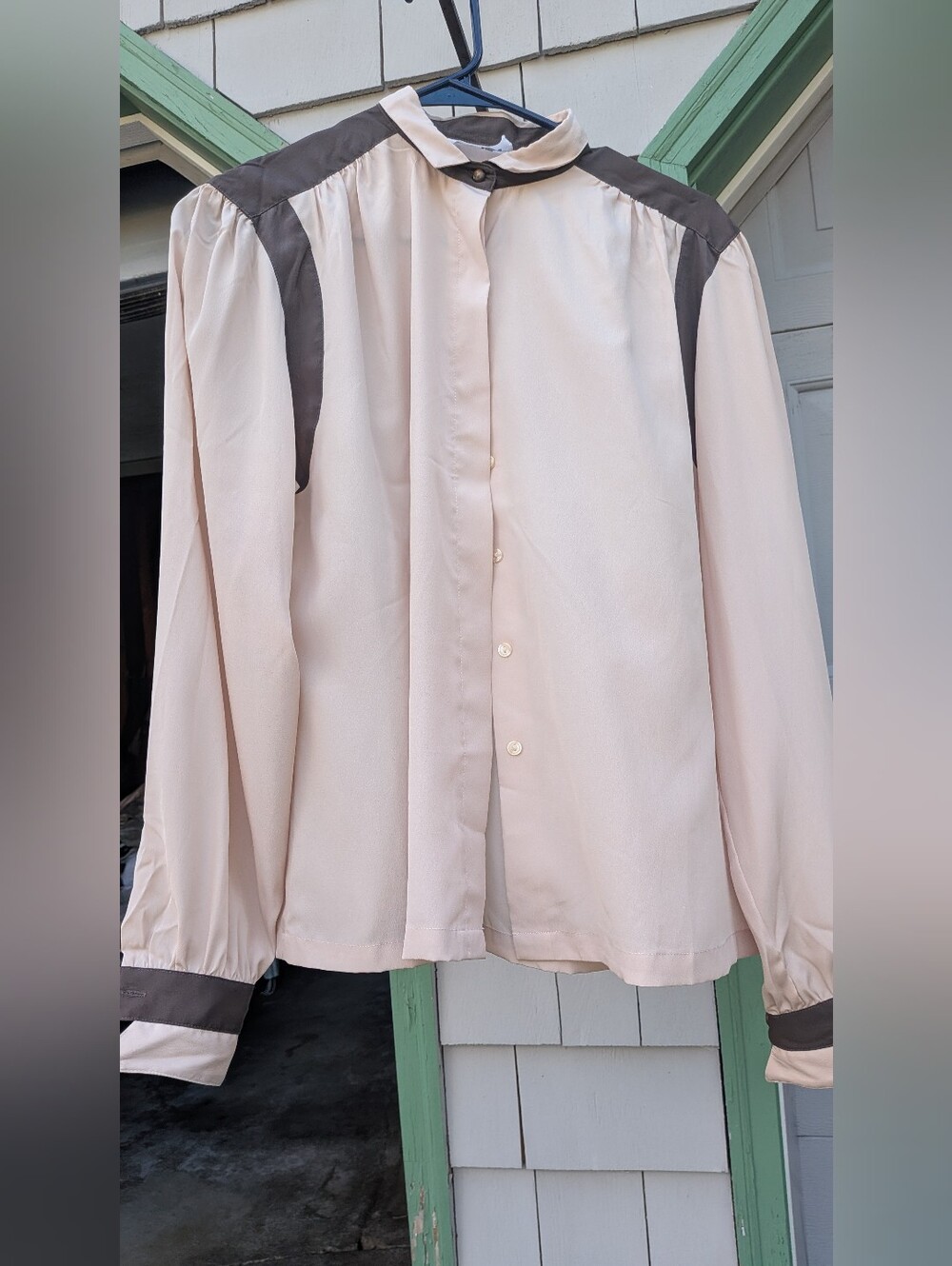 Vintage Shapely Brown Two Tone Secretary Blouse Long Sleeve High Neck